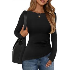 imageZESICA Womens Floral Long Sleeve Shirts 2025 Fall Boat Neck Ruched Tops Slim Fitted Asymmetrical Going Out BlousesEbony