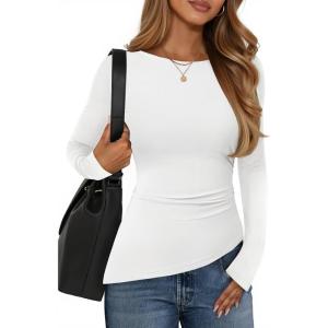 imageZESICA Womens Floral Long Sleeve Shirts 2025 Fall Boat Neck Ruched Tops Slim Fitted Asymmetrical Going Out BlousesIvory