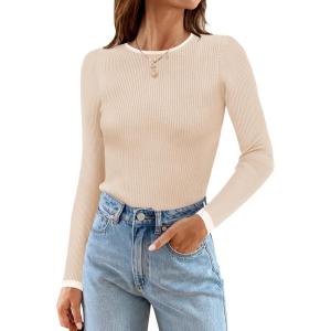 imageZESICA Womens Long Sleeve Crewneck Shirts 2025 Fall Ribbed Knit Sweater Slim Fitted Casual Basic Tee TopsApricot