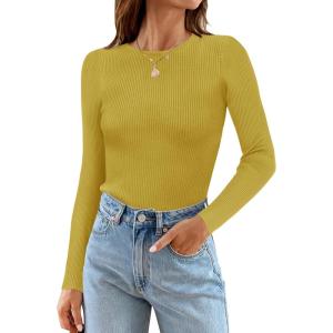 imageZESICA Womens Long Sleeve Crewneck Shirts 2025 Fall Ribbed Knit Sweater Slim Fitted Casual Basic Tee TopsGinger