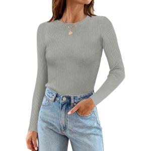 imageZESICA Womens Long Sleeve Crewneck Shirts 2025 Fall Ribbed Knit Sweater Slim Fitted Casual Basic Tee TopsGrey