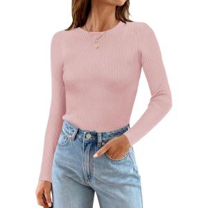 imageZESICA Womens Long Sleeve Crewneck Shirts 2025 Fall Ribbed Knit Sweater Slim Fitted Casual Basic Tee TopsPink