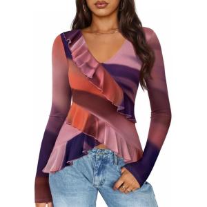 imageZESICA Womens Long Sleeve Floral Shirts V Neck Going Out Ruffle Tops Blouses 2025 Fall Fashion Clothes OutfitsMulticolour