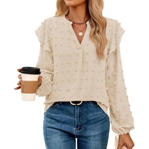 imageZESICA Womens Ruffle Long Sleeve Chiffon Blouses V Neck Swiss Dot Fall Shirts Dressy Casual Tunic TopsApricot