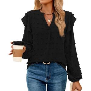 imageZESICA Womens Ruffle Long Sleeve Chiffon Blouses V Neck Swiss Dot Fall Shirts Dressy Casual Tunic TopsBlack
