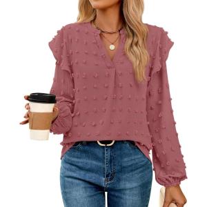 imageZESICA Womens Ruffle Long Sleeve Chiffon Blouses V Neck Swiss Dot Fall Shirts Dressy Casual Tunic TopsCameo