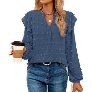 imageZESICA Womens Ruffle Long Sleeve Chiffon Blouses V Neck Swiss Dot Fall Shirts Dressy Casual Tunic TopsDark Blue