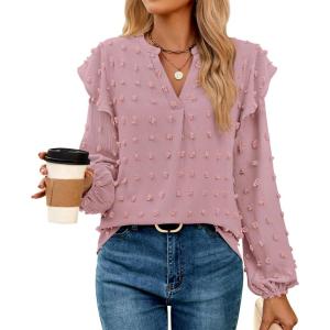 imageZESICA Womens Ruffle Long Sleeve Chiffon Blouses V Neck Swiss Dot Fall Shirts Dressy Casual Tunic TopsGreypink