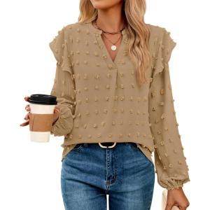 imageZESICA Womens Ruffle Long Sleeve Chiffon Blouses V Neck Swiss Dot Fall Shirts Dressy Casual Tunic TopsKhaki