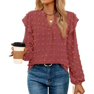 imageZESICA Womens Ruffle Long Sleeve Chiffon Blouses V Neck Swiss Dot Fall Shirts Dressy Casual Tunic TopsRust