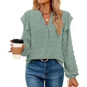 imageZESICA Womens Ruffle Long Sleeve Chiffon Blouses V Neck Swiss Dot Fall Shirts Dressy Casual Tunic TopsSage