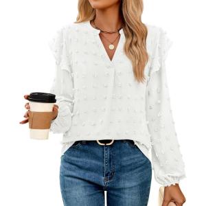 imageZESICA Womens Ruffle Long Sleeve Chiffon Blouses V Neck Swiss Dot Fall Shirts Dressy Casual Tunic TopsWhite