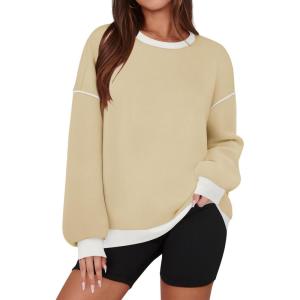 imageZESICA Sweatshirts for Women Casual Long Sleeve Crewneck Contrast Color Oversized Pullover Tops Trendy ClothesApricot