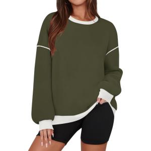 imageZESICA Sweatshirts for Women Casual Long Sleeve Crewneck Contrast Color Oversized Pullover Tops Trendy ClothesArmy Green