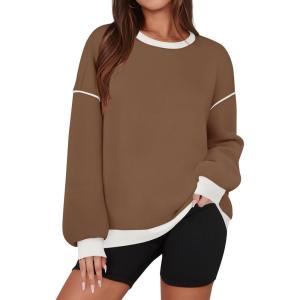 imageZESICA Sweatshirts for Women Casual Long Sleeve Crewneck Contrast Color Oversized Pullover Tops Trendy ClothesBrown