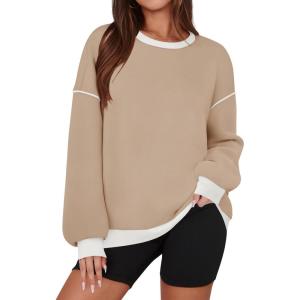 imageZESICA Sweatshirts for Women Casual Long Sleeve Crewneck Contrast Color Oversized Pullover Tops Trendy ClothesLight Khaki