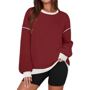 imageZESICA Sweatshirts for Women Casual Long Sleeve Crewneck Contrast Color Oversized Pullover Tops Trendy ClothesRed