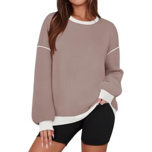 imageZESICA Sweatshirts for Women Casual Long Sleeve Crewneck Contrast Color Oversized Pullover Tops Trendy ClothesSand