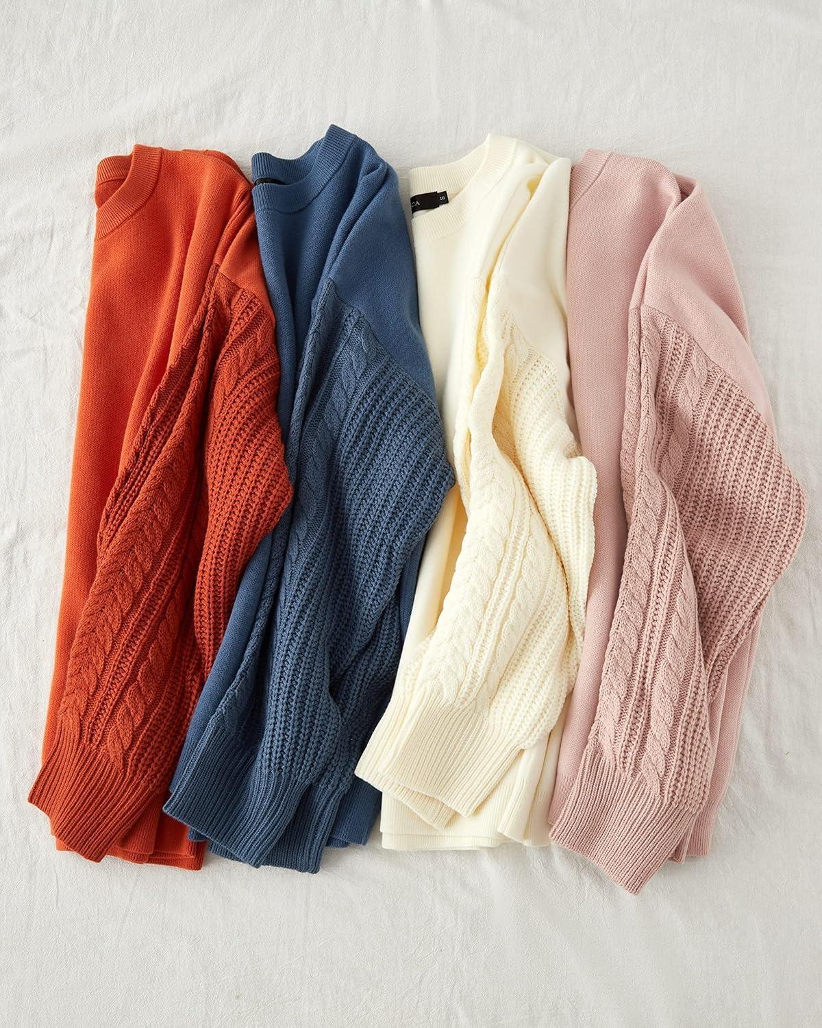 imageZESICA Womens 2025 Fall Long Sleeve Crew Neck Solid Color Cable Knit Chunky Casual Oversized Pullover Sweater TopsCoral