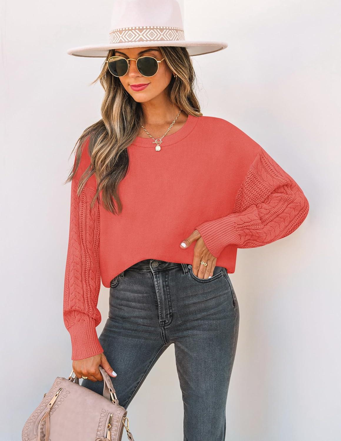 imageZESICA Womens 2025 Fall Long Sleeve Crew Neck Solid Color Cable Knit Chunky Casual Oversized Pullover Sweater TopsCoral