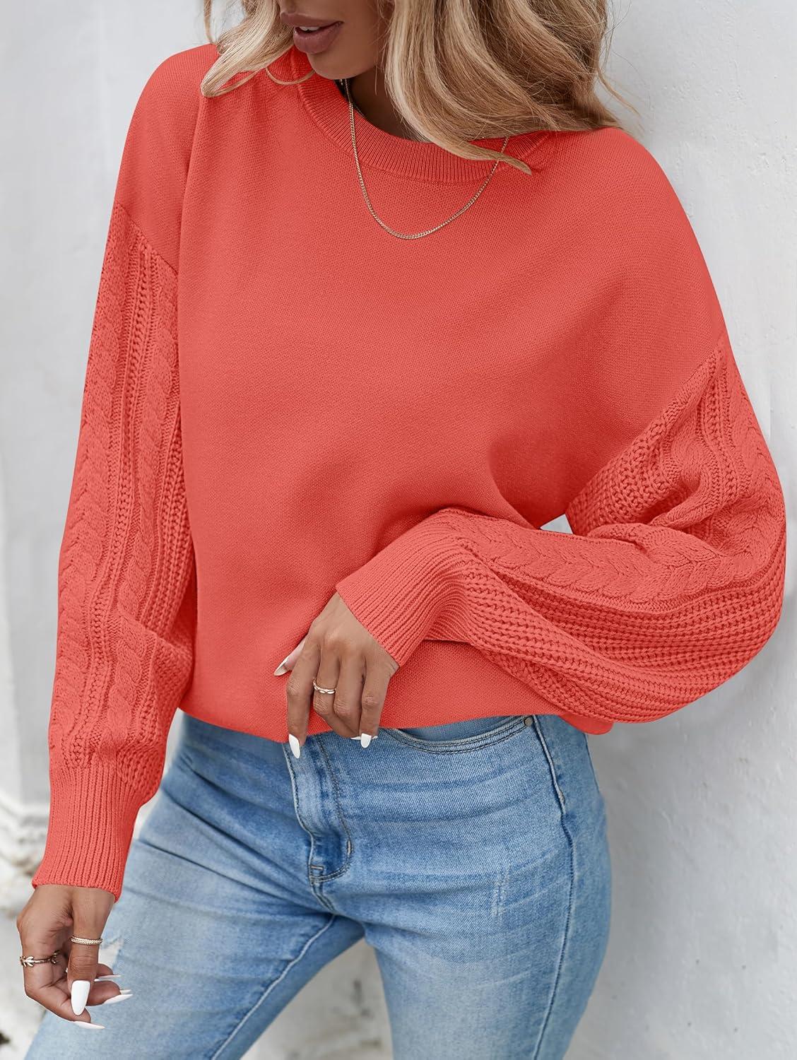 imageZESICA Womens 2025 Fall Long Sleeve Crew Neck Solid Color Cable Knit Chunky Casual Oversized Pullover Sweater TopsCoral