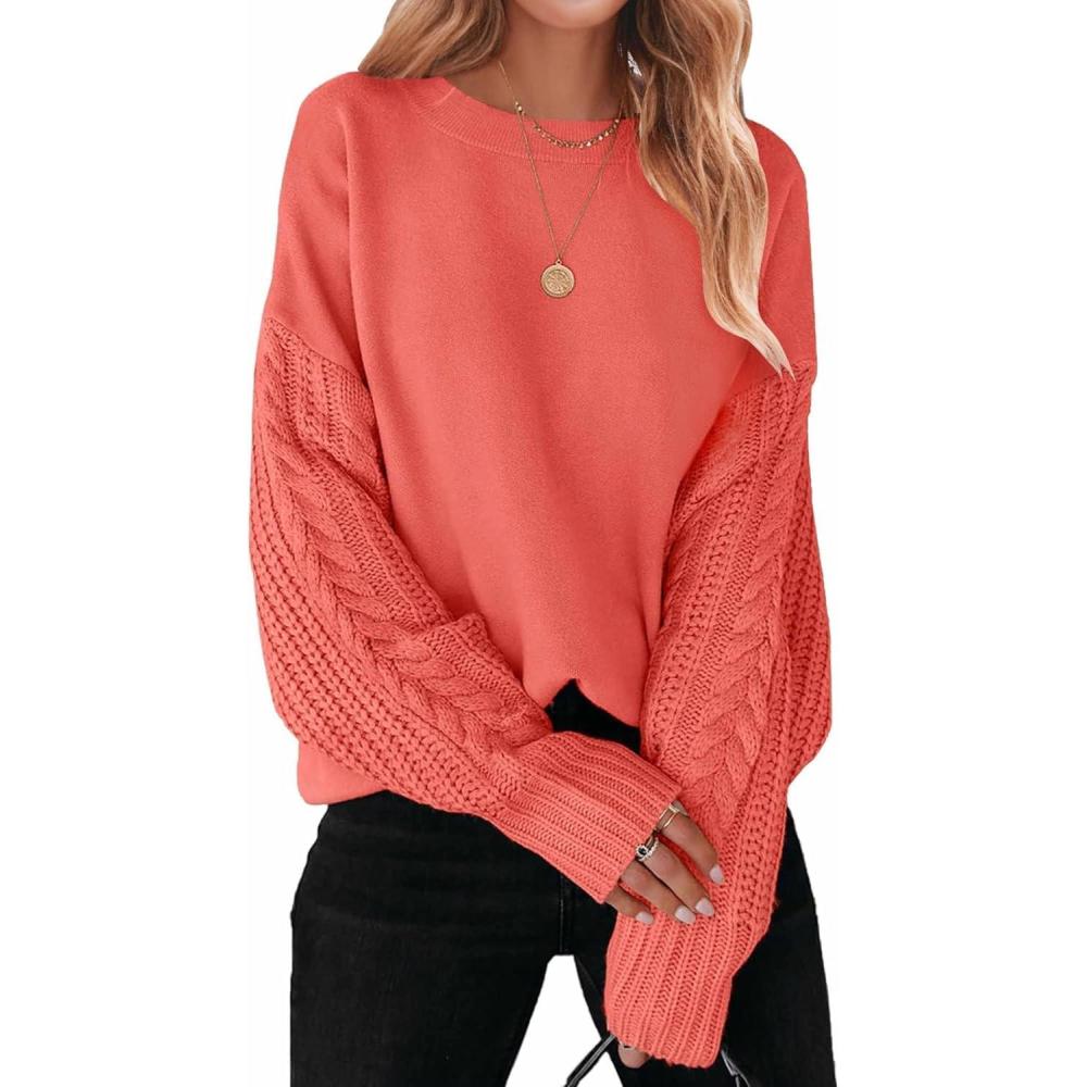 imageZESICA Womens 2025 Fall Long Sleeve Crew Neck Solid Color Cable Knit Chunky Casual Oversized Pullover Sweater TopsCoral