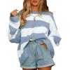 imageZESICA Womens 2025 Fall Long Sleeve Oversized Striped Color Block Comfy Loose Crew Neck Knitted Pullover SweaterBlue