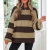 imageZESICA Womens 2025 Fall Long Sleeve Oversized Striped Color Block Comfy Loose Crew Neck Knitted Pullover SweaterBrown