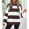imageZESICA Womens 2025 Fall Long Sleeve Oversized Striped Color Block Comfy Loose Crew Neck Knitted Pullover SweaterCoffee