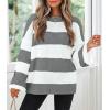 imageZESICA Womens 2025 Fall Long Sleeve Oversized Striped Color Block Comfy Loose Crew Neck Knitted Pullover SweaterGrey