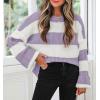 imageZESICA Womens 2025 Fall Long Sleeve Oversized Striped Color Block Comfy Loose Crew Neck Knitted Pullover SweaterLightpurple