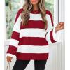 imageZESICA Womens 2025 Fall Long Sleeve Oversized Striped Color Block Comfy Loose Crew Neck Knitted Pullover SweaterRed