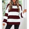 imageZESICA Womens 2025 Fall Long Sleeve Oversized Striped Color Block Comfy Loose Crew Neck Knitted Pullover SweaterWine