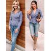 imageZESICA Womens Fall 2025 Wrap V Neck Long Batwing Sleeve Belted Waist Ruffle Knitted Sweater Pullover TopBlue