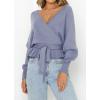 imageZESICA Womens Fall 2025 Wrap V Neck Long Batwing Sleeve Belted Waist Ruffle Knitted Sweater Pullover TopBlue