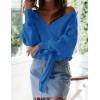 imageZESICA Womens Fall 2025 Wrap V Neck Long Batwing Sleeve Belted Waist Ruffle Knitted Sweater Pullover TopBrightblue