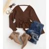 imageZESICA Womens Fall 2025 Wrap V Neck Long Batwing Sleeve Belted Waist Ruffle Knitted Sweater Pullover TopBrown
