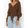 imageZESICA Womens Fall 2025 Wrap V Neck Long Batwing Sleeve Belted Waist Ruffle Knitted Sweater Pullover TopBrown