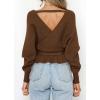 imageZESICA Womens Fall 2025 Wrap V Neck Long Batwing Sleeve Belted Waist Ruffle Knitted Sweater Pullover TopBrown
