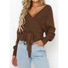 imageZESICA Womens Fall 2025 Wrap V Neck Long Batwing Sleeve Belted Waist Ruffle Knitted Sweater Pullover TopBrown