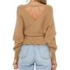 imageZESICA Womens Fall 2025 Wrap V Neck Long Batwing Sleeve Belted Waist Ruffle Knitted Sweater Pullover TopCamel