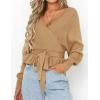 imageZESICA Womens Fall 2025 Wrap V Neck Long Batwing Sleeve Belted Waist Ruffle Knitted Sweater Pullover TopCamel