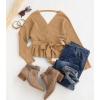 imageZESICA Womens Fall 2025 Wrap V Neck Long Batwing Sleeve Belted Waist Ruffle Knitted Sweater Pullover TopCamel