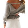 imageZESICA Womens Fall 2025 Wrap V Neck Long Batwing Sleeve Belted Waist Ruffle Knitted Sweater Pullover TopGrey