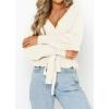imageZESICA Womens Fall 2025 Wrap V Neck Long Batwing Sleeve Belted Waist Ruffle Knitted Sweater Pullover TopIvory