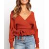 imageZESICA Womens Fall 2025 Wrap V Neck Long Batwing Sleeve Belted Waist Ruffle Knitted Sweater Pullover TopOrange