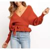 imageZESICA Womens Fall 2025 Wrap V Neck Long Batwing Sleeve Belted Waist Ruffle Knitted Sweater Pullover TopOrange
