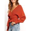 imageZESICA Womens Fall 2025 Wrap V Neck Long Batwing Sleeve Belted Waist Ruffle Knitted Sweater Pullover TopOrange