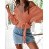 imageZESICA Womens Fall 2025 Wrap V Neck Long Batwing Sleeve Belted Waist Ruffle Knitted Sweater Pullover TopPeach