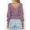 imageZESICA Womens Fall 2025 Wrap V Neck Long Batwing Sleeve Belted Waist Ruffle Knitted Sweater Pullover TopPurple